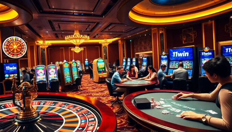 Players enjoying a thrilling game at 11win casino with vibrant slot machines and roulette wheels.
