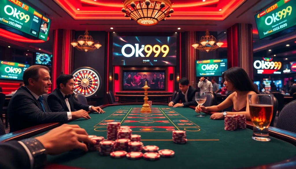 Players engage in high-stakes poker at Ok99 casino, featuring vibrant decorations and real-time betting odds.