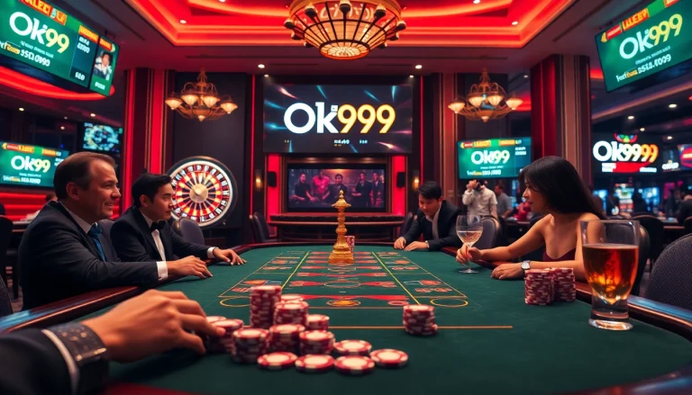 Players engage in high-stakes poker at Ok99 casino, featuring vibrant decorations and real-time betting odds.
