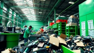 Recycling process showcased in a professional computer recycling slough facility with workers and devices.
