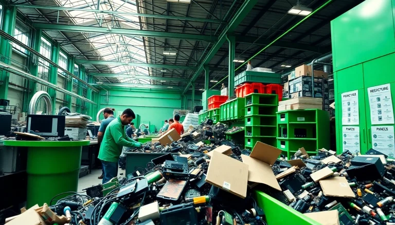 Recycling process showcased in a professional computer recycling slough facility with workers and devices.