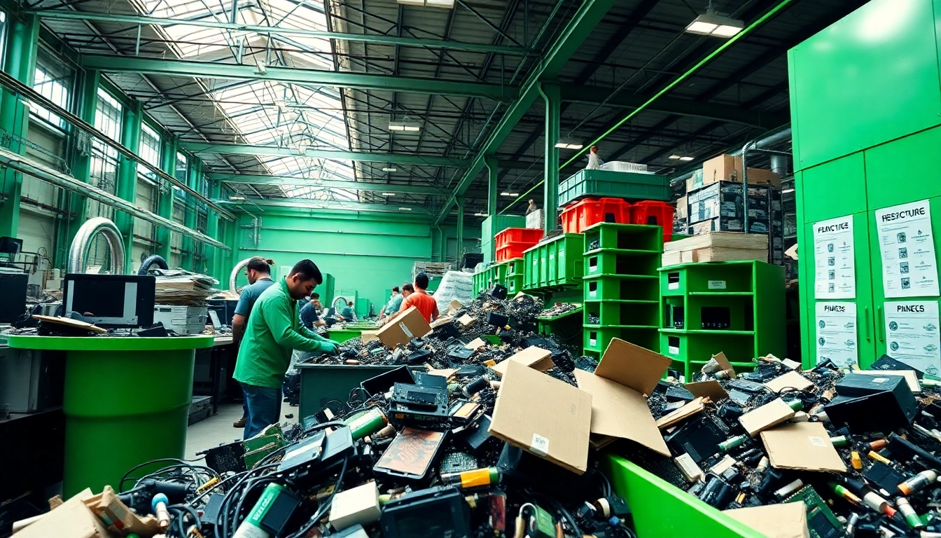 Recycling process showcased in a professional computer recycling slough facility with workers and devices.