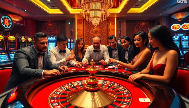 Exciting casino scene with GO8-themed poker action and vibrant roulette wheel.