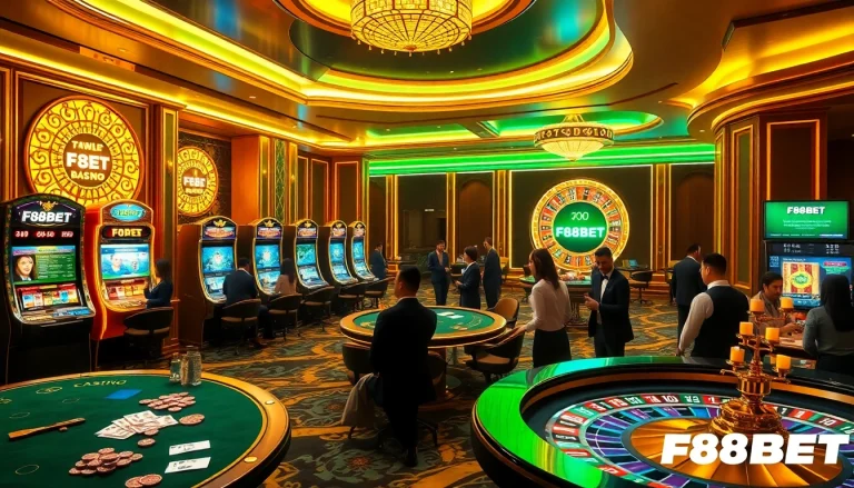 F88BET casino scene showcasing exciting gameplay with cards, roulette, and slot machines.