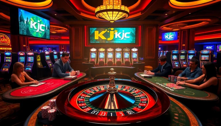 Engage in high-stakes gaming at KJC's luxurious casino, surrounded by vibrant roulette wheels and poker tables.