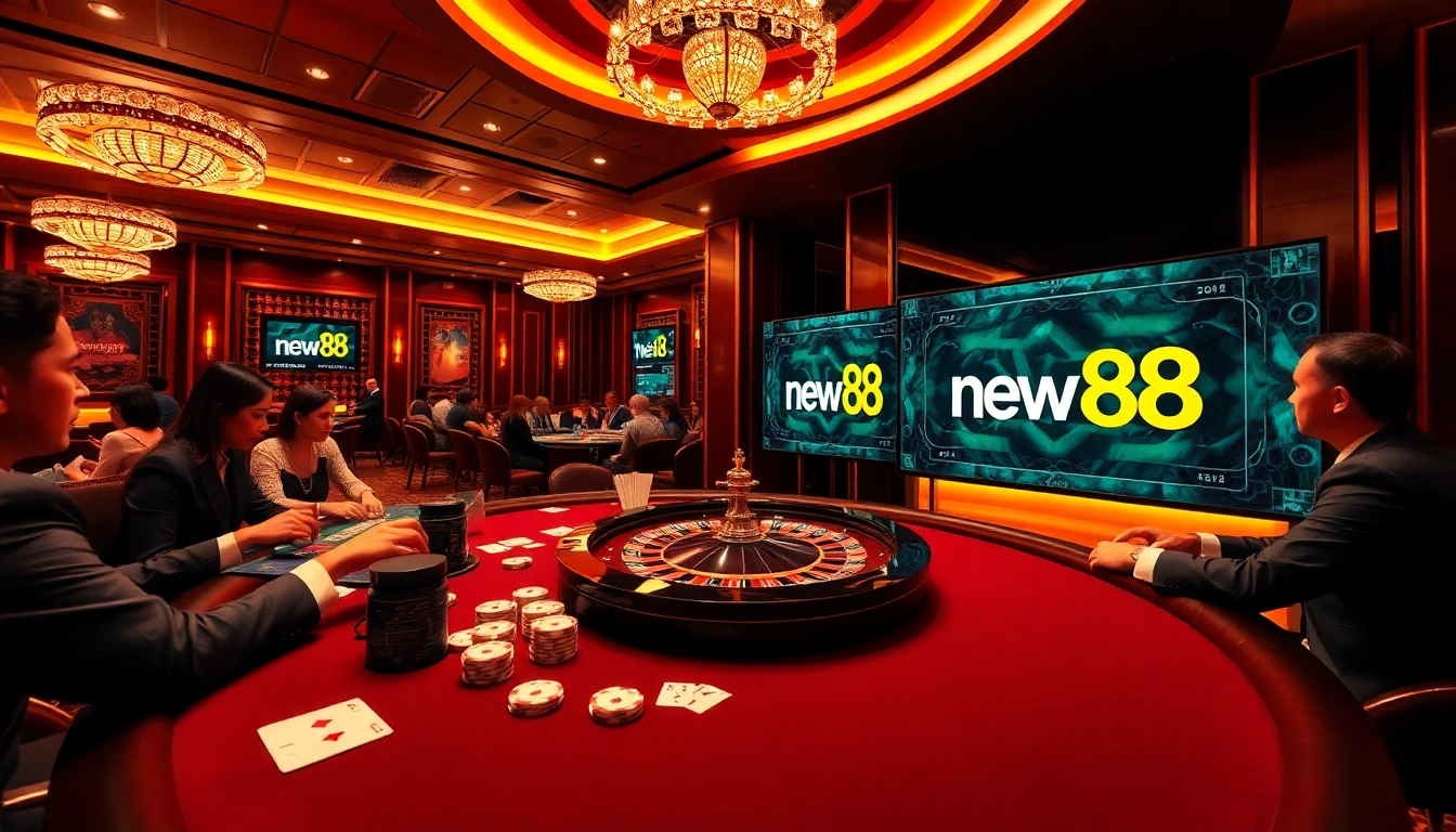 Excited players enjoying a luxurious new88 casino experience with vibrant betting elements.