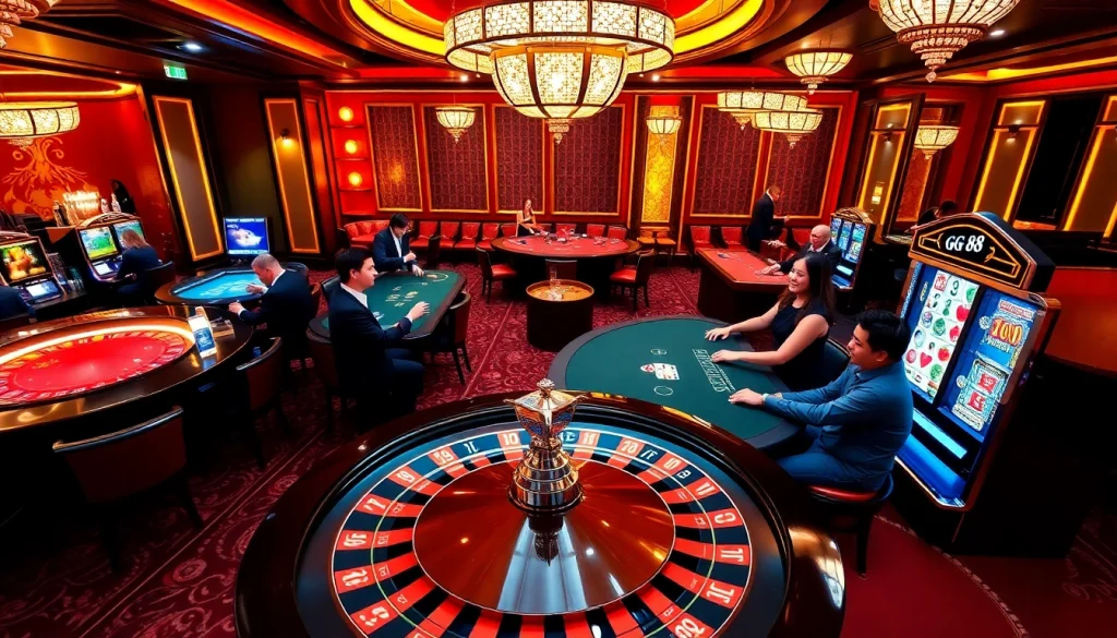Players enjoying high-stakes poker and roulette at GG 88 casino.