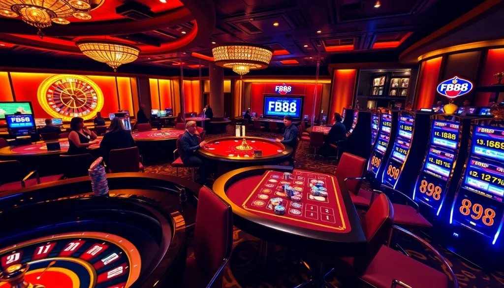 Experience thrilling gameplay with FB88 at a luxurious casino featuring vibrant roulette and poker tables.
