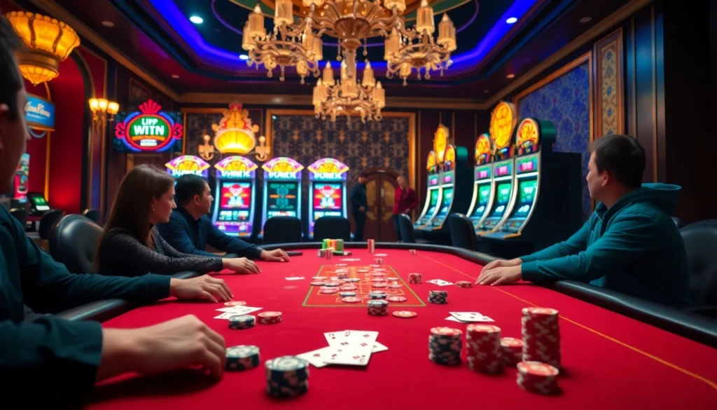 Engage in the thrilling vipwin nổ hũ experience at a lavish casino table featuring colorful poker chips and cards.