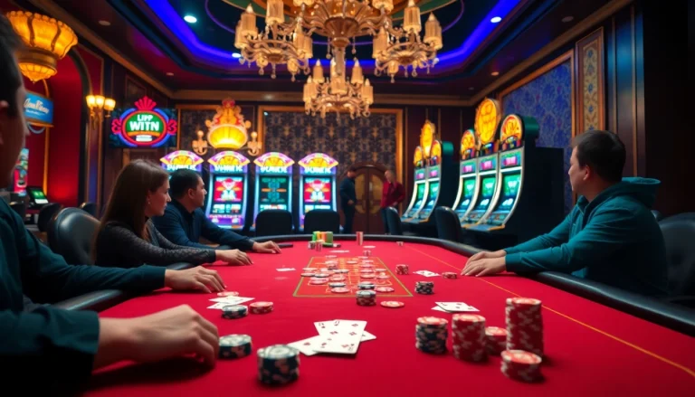 Engage in the thrilling vipwin nổ hũ experience at a lavish casino table featuring colorful poker chips and cards.