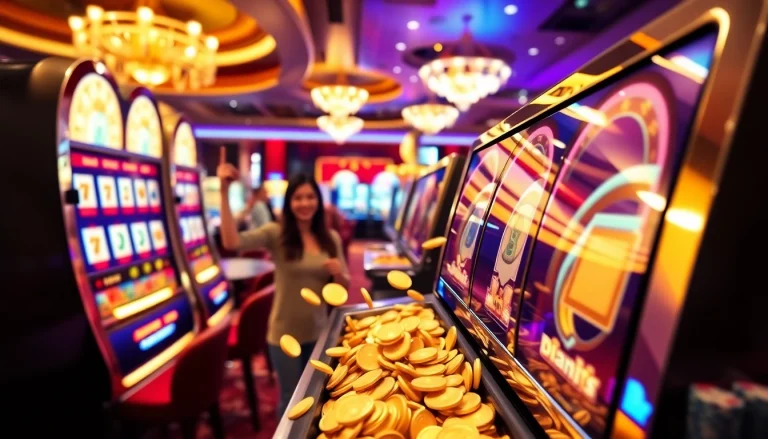 Slot Gacor Hari ini captures excited players winning at vibrant slot machines in a luxurious casino setting.