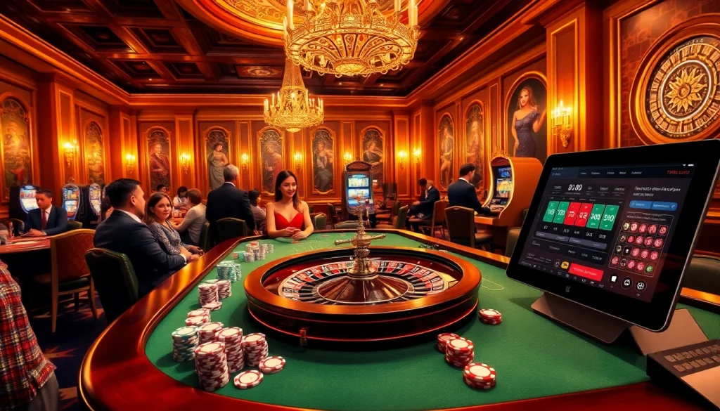 Experience the thrill of casino gaming at https://f168.today/, featuring a luxurious gaming room with roulette tables and online interfaces.