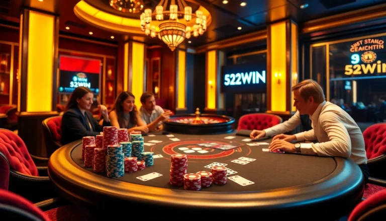 Experience the thrill of a high-stakes poker game at 52WIN casino, featuring vibrant chips and cards.