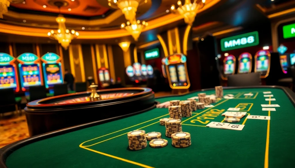 MM88 players enjoying high-stakes poker at an elegant casino table.