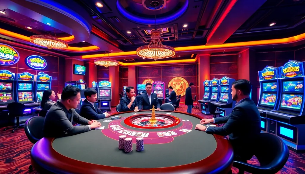 Engage with ingat bola88 at a luxurious casino featuring vibrant game tables and slot machines.