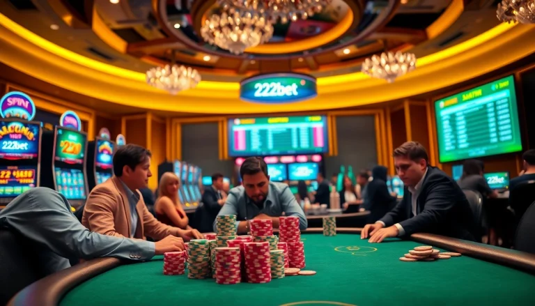 A thrilling poker game scene at a 22bet casino, with players focusing on their cards and stacks of chips.