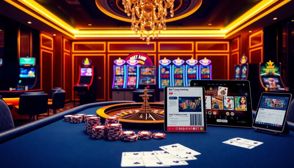 Experience the thrill of đăng nhập 888b with a vibrant casino scene showcasing poker tables and roulette wheels.