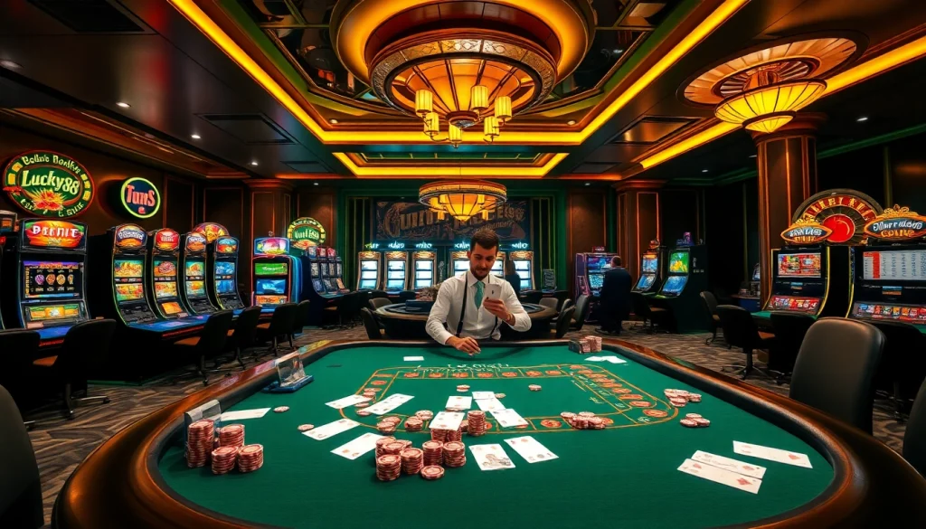 Experience the thrill of lucky88 with an exciting casino scene featuring vibrant gaming tables and colorful slot machines.