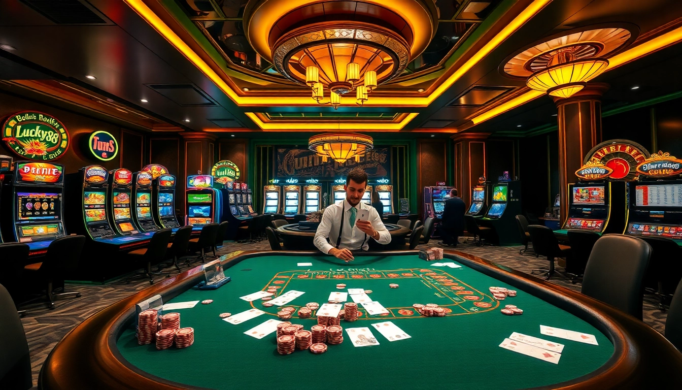 Experience the thrill of lucky88 with an exciting casino scene featuring vibrant gaming tables and colorful slot machines.