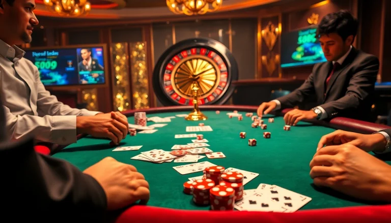 Engaging poker action at nhà cái go8 featuring luxury cards, chips, and an exciting roulette backdrop.