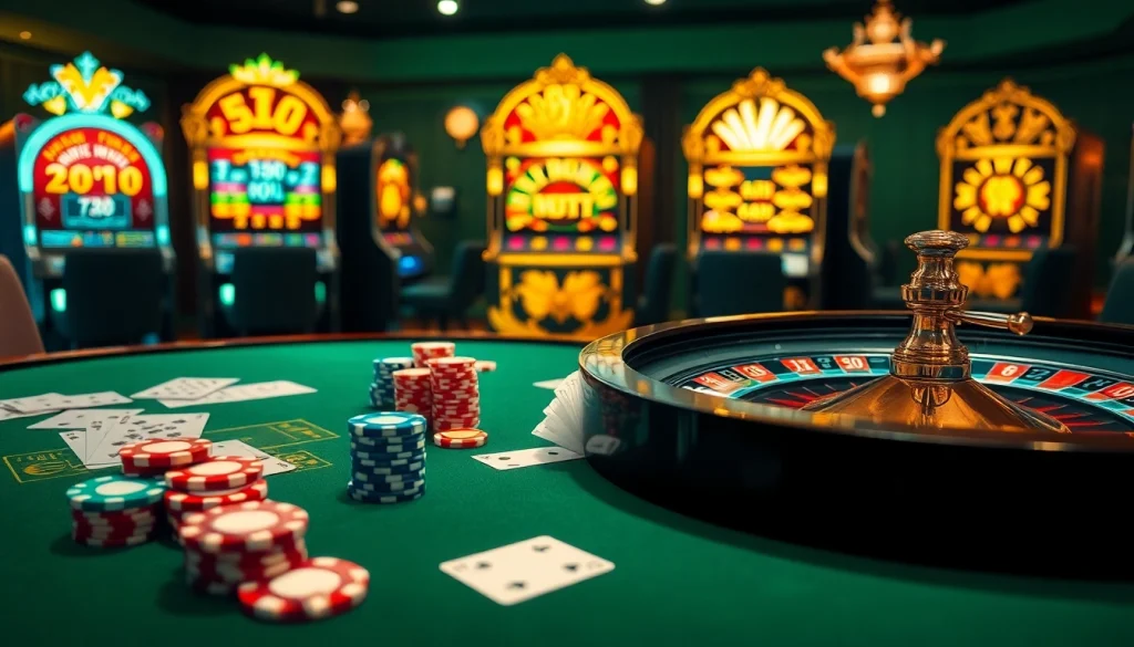 Experience the thrill of online gaming at https://king88b.us.com/ with vibrant casino elements, including poker chips and slot machines.