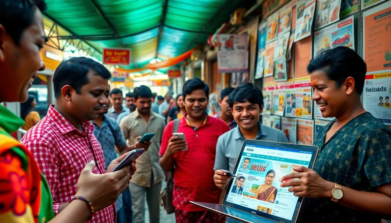 People engaging with Hela Ads in a vibrant Sri Lankan marketplace, showcasing digital interactions and local classifieds.