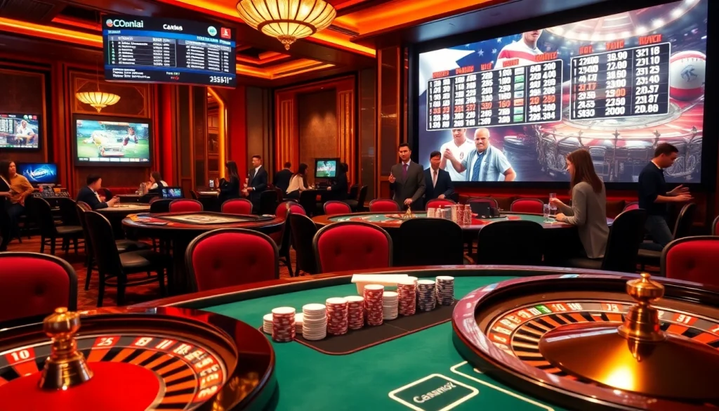 Engage with the concept of kèo nhà cái in an upscale casino setting featuring poker tables and live betting screens.