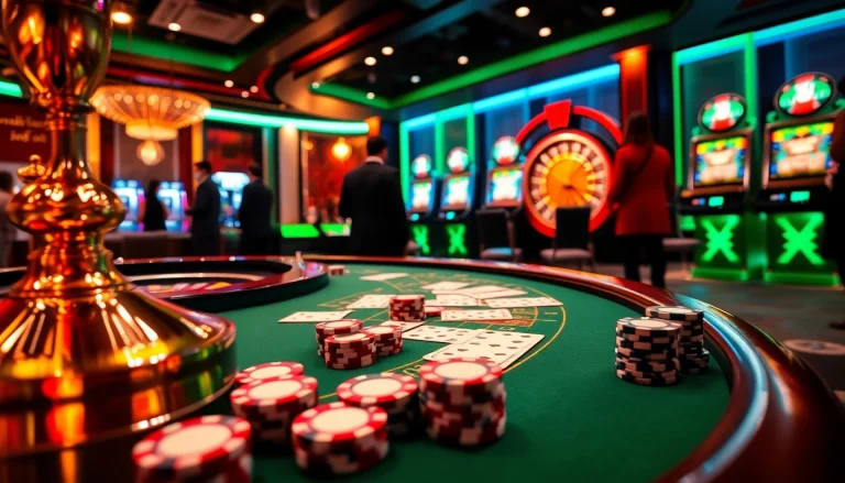 Experience the thrill of vn88 with an elegantly designed casino table featuring poker chips and cards.