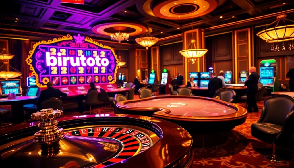 Experience the thrill of birutoto in a luxurious casino scene with roulette and poker.