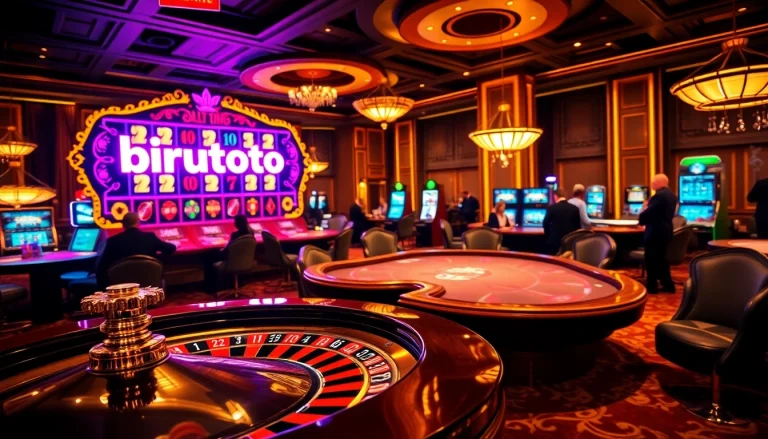 Experience the thrill of birutoto in a luxurious casino scene with roulette and poker.