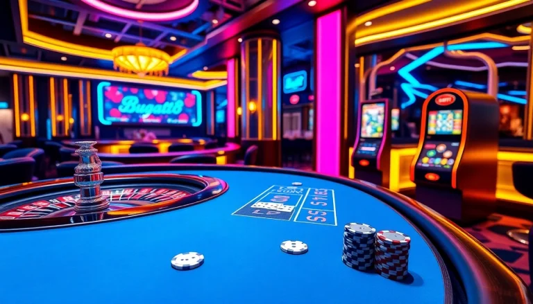 Engage with Bugatti8's exciting casino atmosphere, featuring luxurious gaming tables and vibrant slot machines.