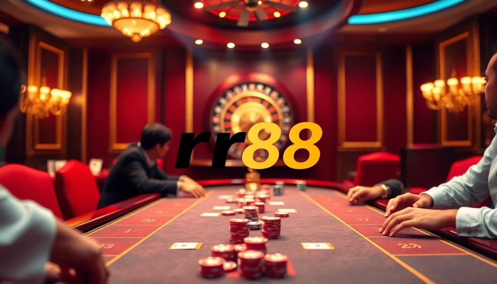 Exciting rr88 casino scene with poker table and roulette wheel, showcasing luxurious gambling.