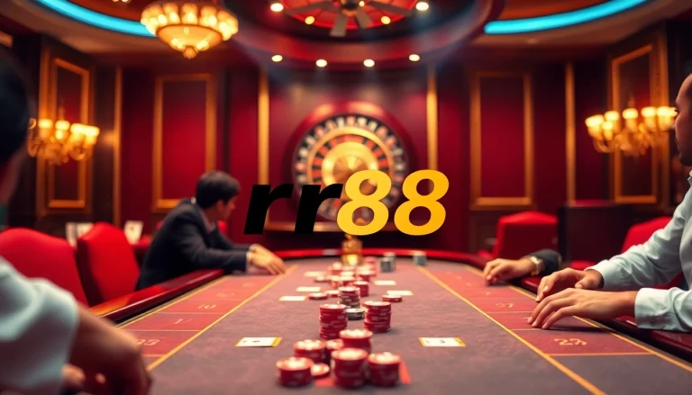 Exciting rr88 casino scene with poker table and roulette wheel, showcasing luxurious gambling.