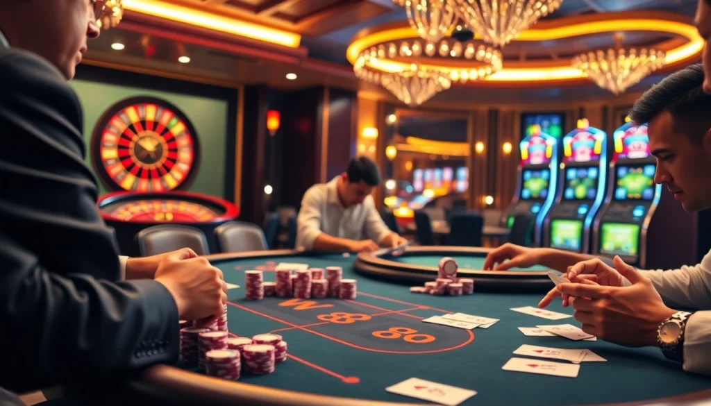A W 88 poker table bustling with players, showcasing excitement and high stakes in a vibrant casino environment.