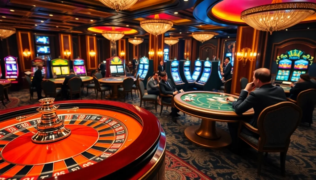 Experience the thrill of gaming at ev882.sa.com with an upscale casino atmosphere, featuring roulette, poker, and vibrant slot machines.