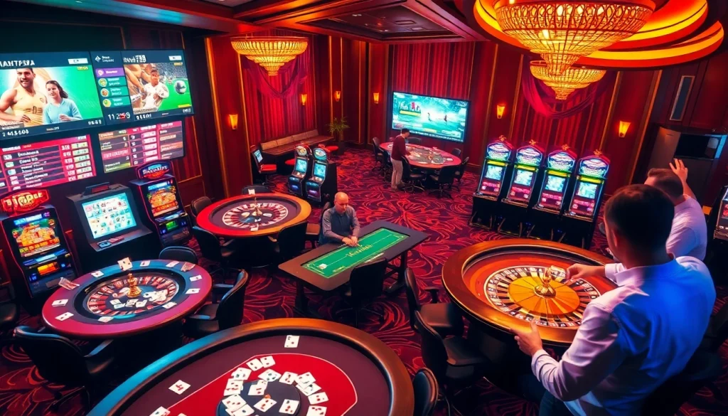 Players engaging in thrilling bets at a luxurious casino while monitoring kèo nhà cái on vibrant displays.