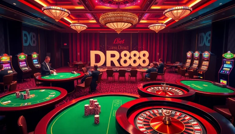 Experience thrilling gameplay at DR88's luxurious online casino with poker chips and roulette.