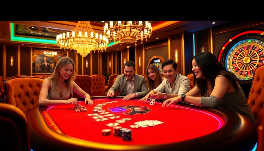 Players winning at the GG88 casino gaming table, enjoying poker with vibrant visuals.