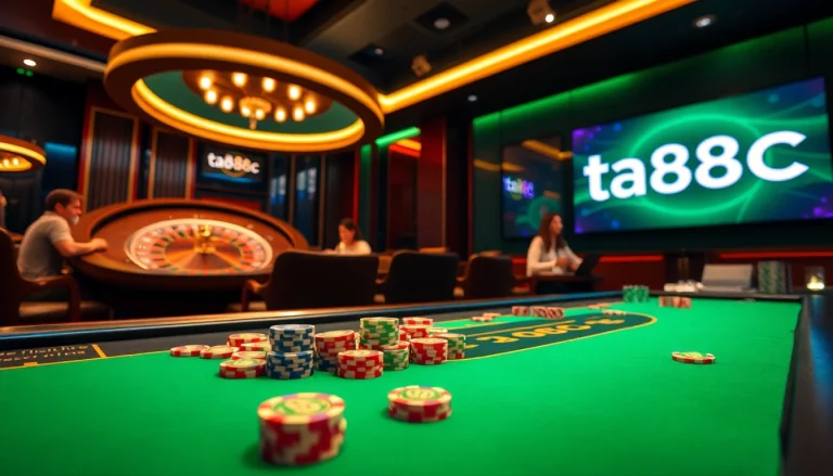 Players enjoying the thrill of ta88c casino games at a vibrant poker table.