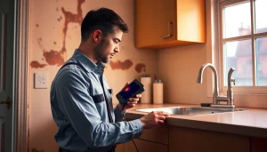 Hidden leak detection technician using thermal imaging in a home.