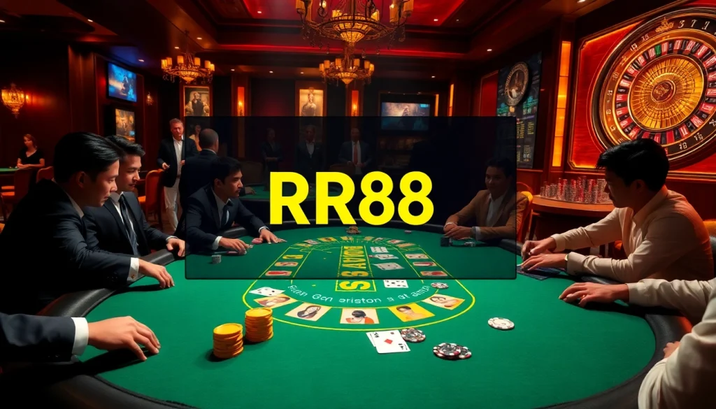 Engaged players at a luxurious RR88 poker table with glimmering chips and cards in a vibrant casino setting.