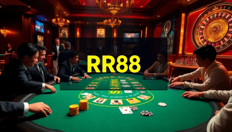 Engaged players at a luxurious RR88 poker table with glimmering chips and cards in a vibrant casino setting.