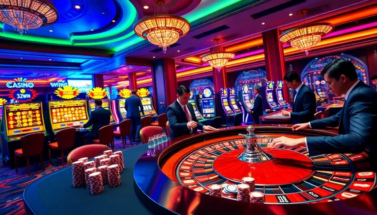 High-stakes gameplay at 32win com featuring roulette, poker chips, and excited players.