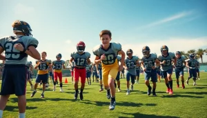Shoulder braces for football worn by young athletes during practice on a sunny field.