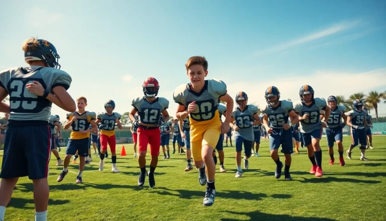 Shoulder braces for football worn by young athletes during practice on a sunny field.