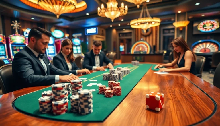 Players enjoying high-stakes poker at gem88 casino, surrounded by vibrant slot machines and a roulette wheel.