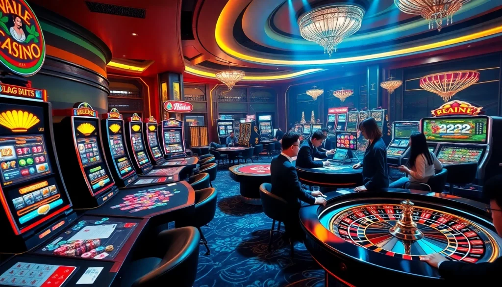 Exciting casino atmosphere showcasing online gambling elements at https://jun88buzz.info/ with vibrant slot machines and poker tables.