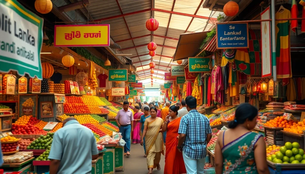 Lanka Add marketplace scene in Sri Lanka displaying local crafts, fruits, and community engagement.