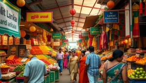 Lanka Add marketplace scene in Sri Lanka displaying local crafts, fruits, and community engagement.