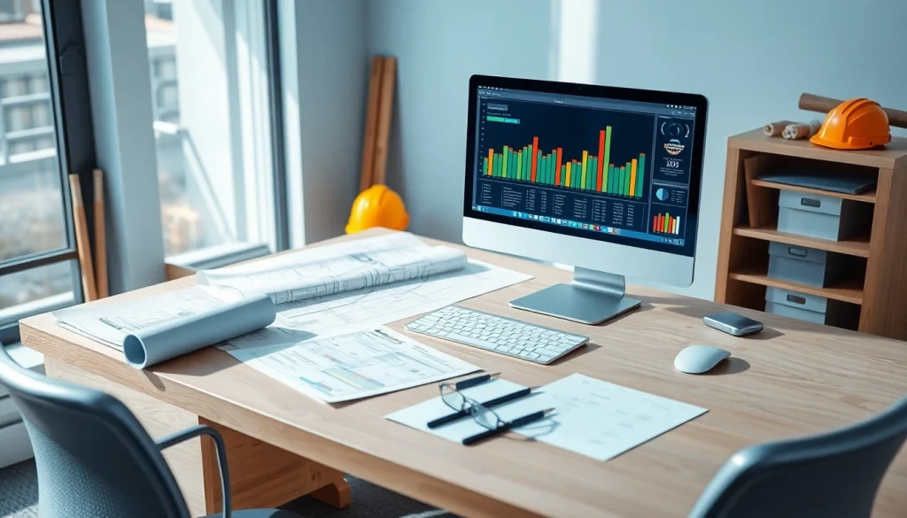 Księgowość dla firmy budowlanej z profesjonalnym księgowym przy nowoczesnym biurku.